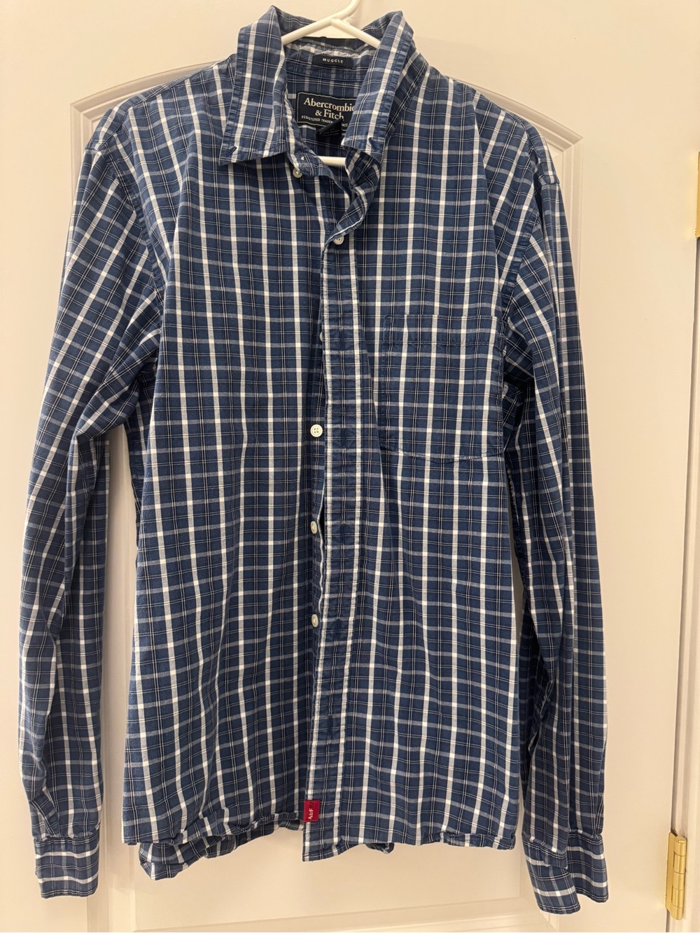Abercrombie & Fitch Men's Blue and White Plaid Button-Down Shirt
